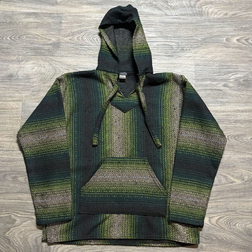 Earthbound Trading Co Baja Hoodie Medium Black Green Stripe Pullover Drug Rug